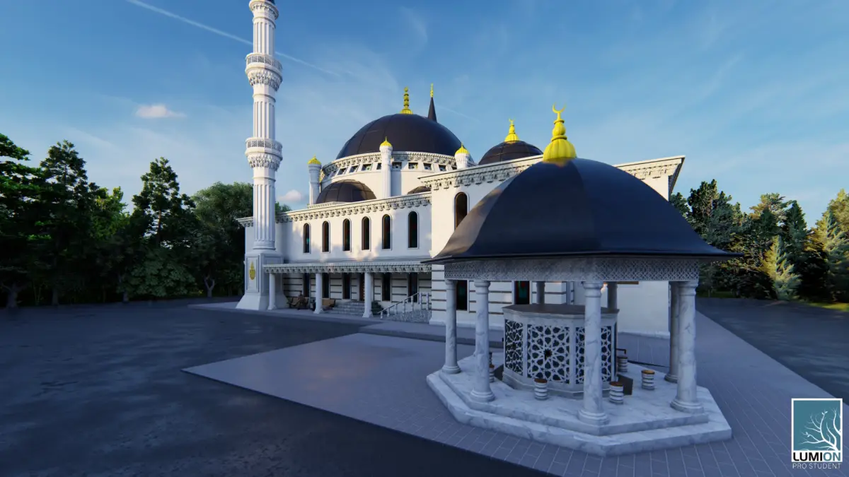 Melbourne Camii mimari görselleştirmesi — kubbeler, minare ve şadırvanla avlu perspektifi