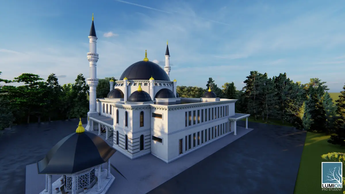 Mimari görselleştirme — caminin kuş bakışı genel görünümü ve çevre düzeni
